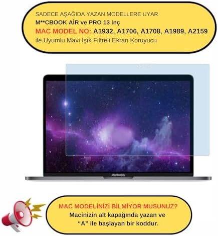 Alternative view of MacBook Air 13 ve MacBook Pro 13 inç Uyumlu Şeffaf Anti BlueRay Ekran Koruyucu Mavi Mor Işık Filtreli Bar/ ID Destekli A1706 A1932 Şeffaf