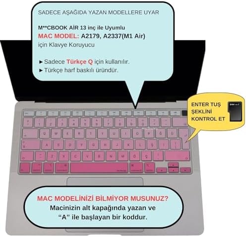 Alternative view of Türkçe Q Klavye Koruyucu MacBook Air 13 Retina 2020 Uyumlu A2179 A2337 M1 | US Amerikan Düz Enter | Silikon Klavye Kaplama Pembe
