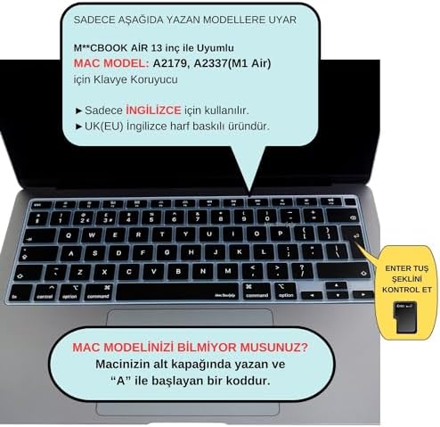 Alternative view of UK İngilizce Klavye Koruyucu Silikon MacBook Air 13 Retina 2020 ile Uyumlu | ISO Ters L Enter | A2179 A2337 M1 Siyah