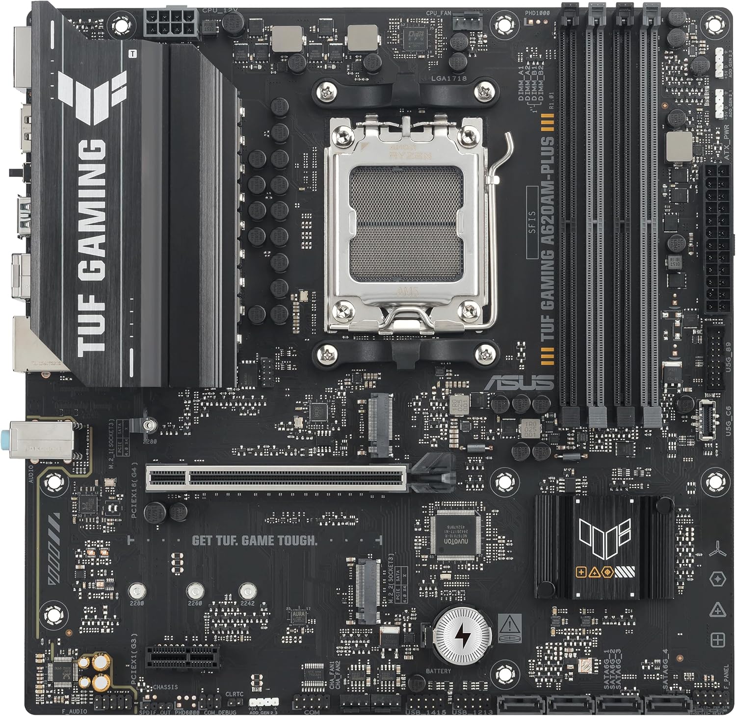 TUF GAMING A620AM-PLUS WIFI AMD A620A AM5 DDR5 7600 2xDP HDMI Çift M2 USB3.2 AX WiFi + BT AURA RGB 2.5Gbit LAN mATX 8+2+1+1 Güç Aşamaları, TUF PROTECTION, BIOS Flashback