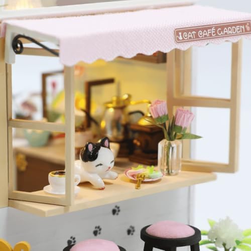 Kedi Temalı Minyatür Kafe Yapma Seti – LED Işıklı Ahşap DIY – Dekoratif Kiti – Kendin Yap Hediye Seti