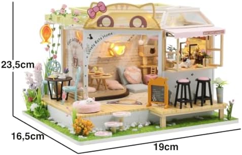 Alternative view of Kedi Temalı Minyatür Kafe Yapma Seti – LED Işıklı Ahşap DIY – Dekoratif Kiti – Kendin Yap Hediye Seti