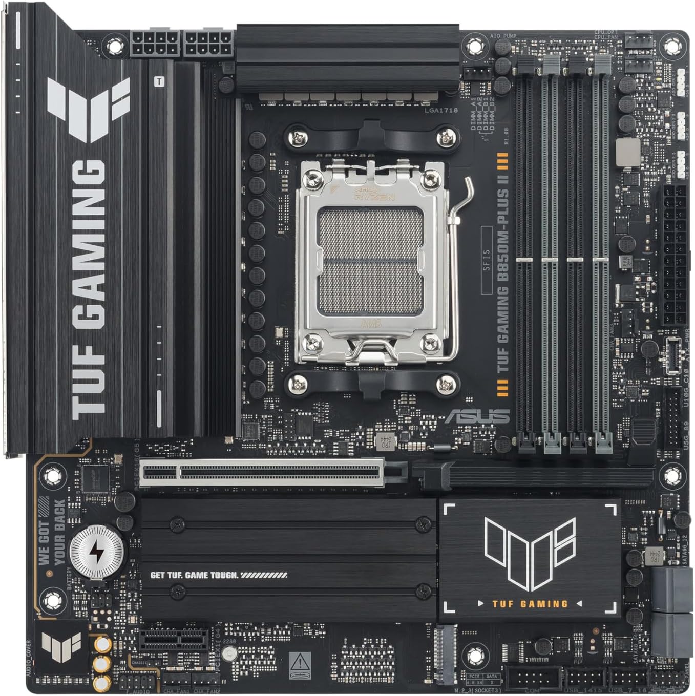 TUF GAMING B850M-PLUS II AMD B850 AM5 DDR5 8000 DP HDMI 3x M2 USB3.2 Gen 2x2 AURA RGB 2.5Gbit LAN mATX 14+2+1 Güç Aşamaları, 1xGen5 M.2, Ready for Advanced AI PC
