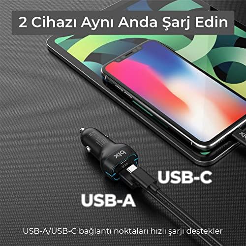 Bix BX-CCP36WT 38W Type-C PD 20W ve USB-A QC 3.0 18W Çift Portlu LED Işıklı Araç Şarj Cihazı Beyaz 15/14/13/12/11/X/, iPad, Galaxy S24/S23/S22/S21/S20 ve Daha Fazlasıyla Uyumlu BXCCP36WT