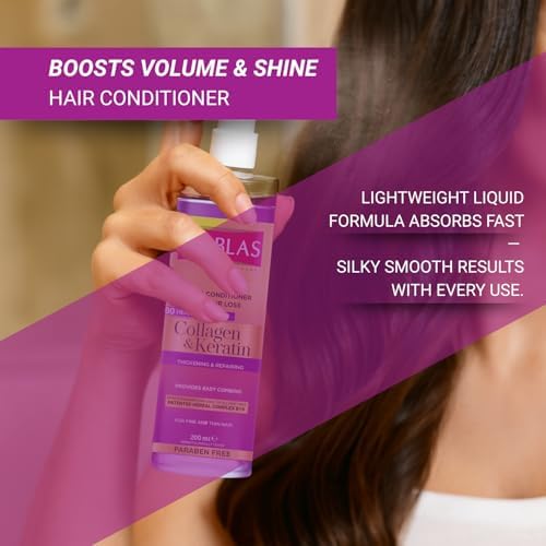 Bioblas Kolajen & Keratin Sıvı Saç Kremi – Durulanmayan, Onarıcı & Dolgunlaştırıcı Etki, Bitkisel Kompleks B19, 200 ml