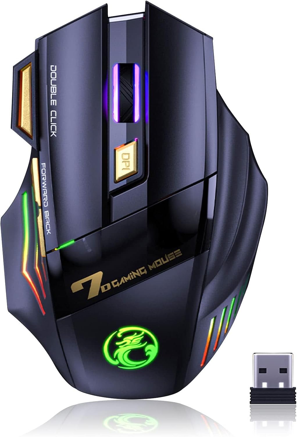 Alternative view of VEGCOO C8 kablosuz oyun faresi, şarj edilebilir Silent Click oyun faresi, 2.4G USB alıcısı, 3 ayarlanabilir DPI, 7 hassas tuş, ergonomik RGB fare, dizüstü bilgisayar, Mac için