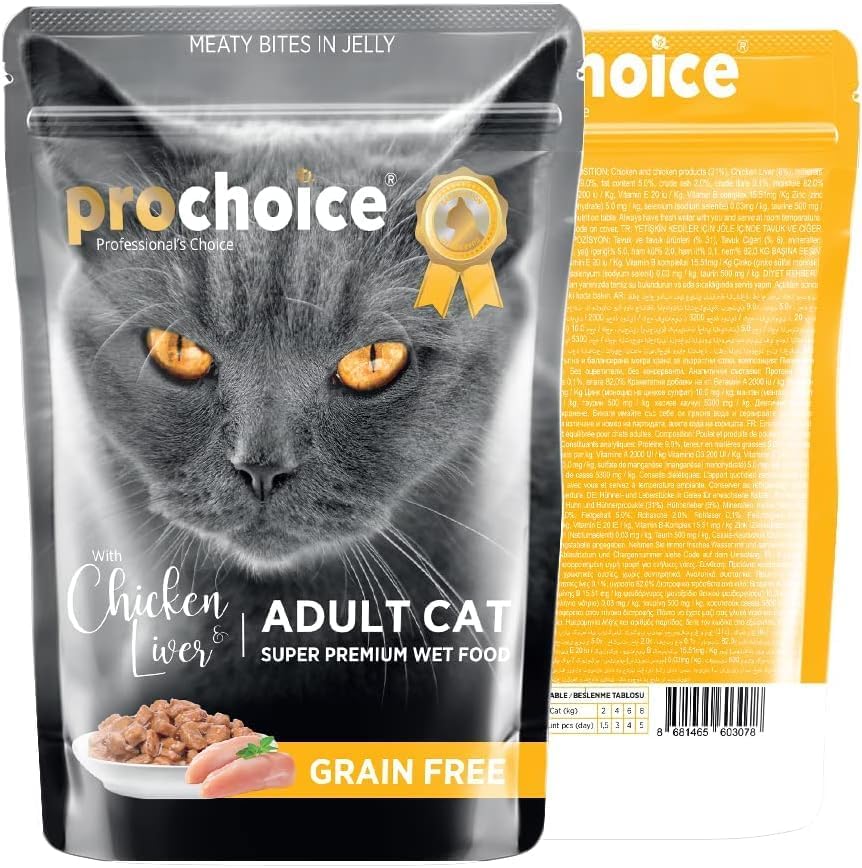 Alternative view of Prochoice Yetişkin Kediler İçin, Tahılsız, Jöle İçinde Tavuk ve Ciğer Parça Etli Yaş Mama, 85 g x 24 adet