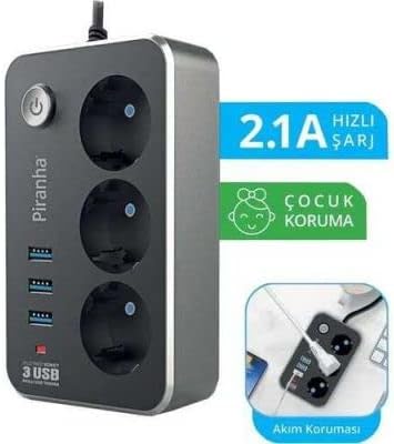PIRANHA 3396 3LÜ PRİZ 3 USB GİRİŞLİ 2MT. AKIM KORUMALI