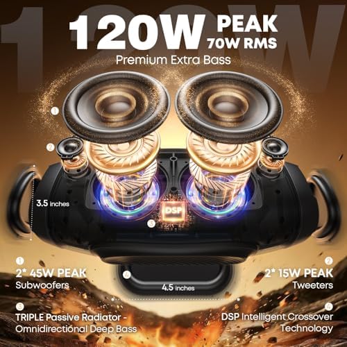 W-KING Subwoofer ile taşınabilir Loud Bluetooth Hoparlör, 70W Taşınabilir Açık Hoparlörler Bluetooth Kablosuz Su Geçirmez, Üçlü Pasif Radyatörler-Derin Bas/Hi-fi Ses/DSP/42H/Güç