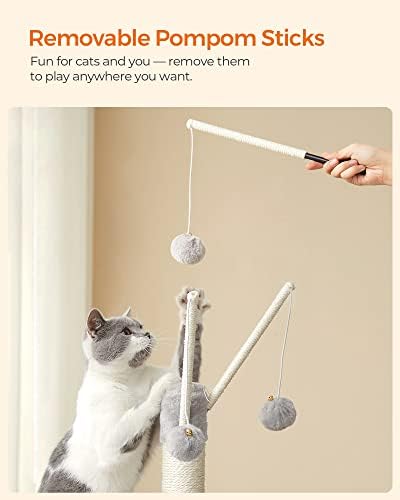 FEANDREA PCT143W01 kedi ağacı, tırmalama tahtalı, 3 çıkarılabilir ponpon çubuğu, 118 cm, açık gri