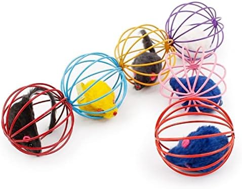 Peluş Fareli Kedi Köpek Oyuncağı - Oyun Topu, Metal Kafesli, Renkli, 6 cm