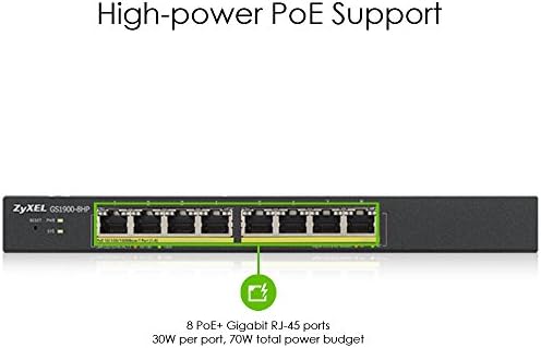 8 Port Gigabit PoE Switch | Smart Managed | Masa/Duvar Montajı ve Fansız Tasarım | 70 W Bütçe ile 8 PoE+ Bağlantı Noktası | VLAN, IGMP, QoS [GS1900-8HP]