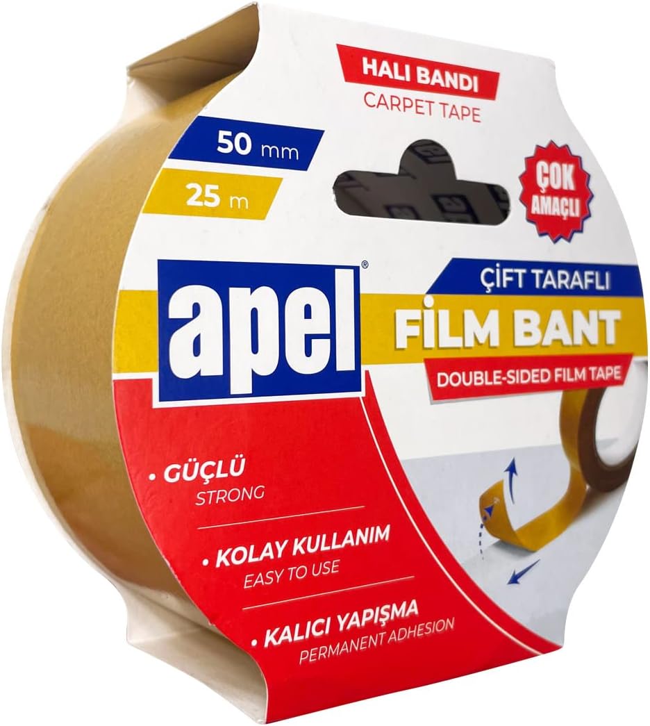 Apel Çift Taraflı Film Bant (Halı Bandı) Askılı Karton 50 mm x 25 m Şeffaf