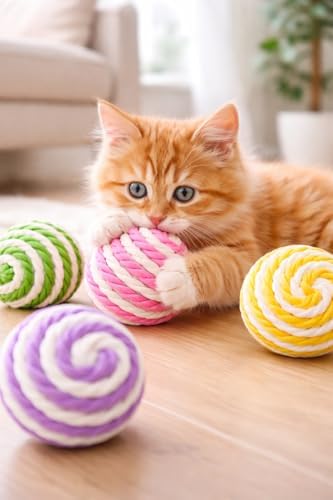 2’li Renkli İpli Kedi Oyuncağı Seti, 4 cm Dayanıklı Top Şeklinde Tırmalama Oyuncağı, Yavru ve Yetişkin Kediler için Eğlenceli Hareketli Toplar
