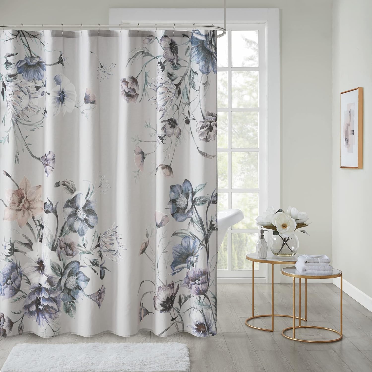 Alternative view of Cassandra Pamuk Perkal Banyo Duşu, Baskılı Çiçek Desenli Modern Shabby Gizlilik Banyo Kumaş Perdeler, 182 cm x 182 cm, Mavi