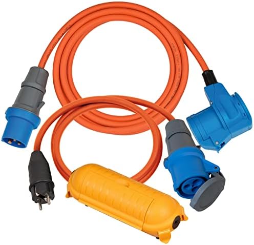 Kamp adaptör seti/CEE adaptör kablosu 1,5 m, CEE 230 V uzatma kablosu 3 m, Safe-Box Big IP44 (her kamp tatili için ideal kamp aksesuarı, IP44), turuncu