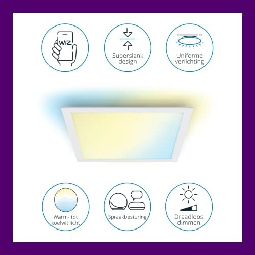WiZ Panel tavan lambası ayarlanabilir beyaz, kısılabilir, 1000 lm, sıcak ila soğuk beyaz, kare, Wi-Fi üzerinden uygulama/ses ile akıllı kontrol, beyaz