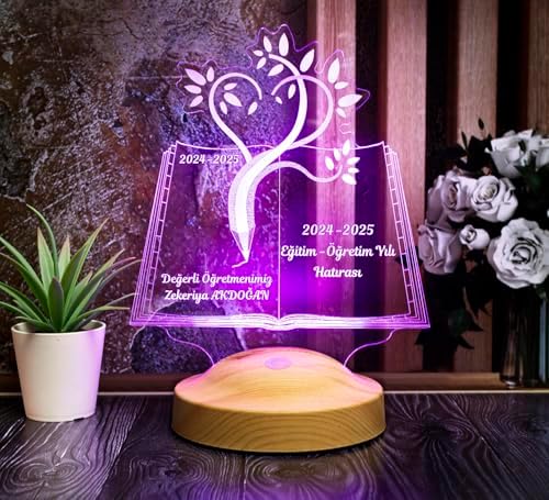 Öğretmenler Günü Hediyesi 3D LED Lamba - Mezuniyet Hatırası, İsimli Öğretmene Hediye, Kitap Tasarımlı Sevgili Öğretmenim Masa Lambası