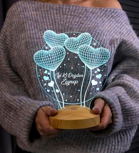 Doğum Günü Hediyesi, Sevgiliye, Arkadaşa Doğum Günü Hediyesi, Balon Kalpler Kişiye Özel 3D Led Lamba