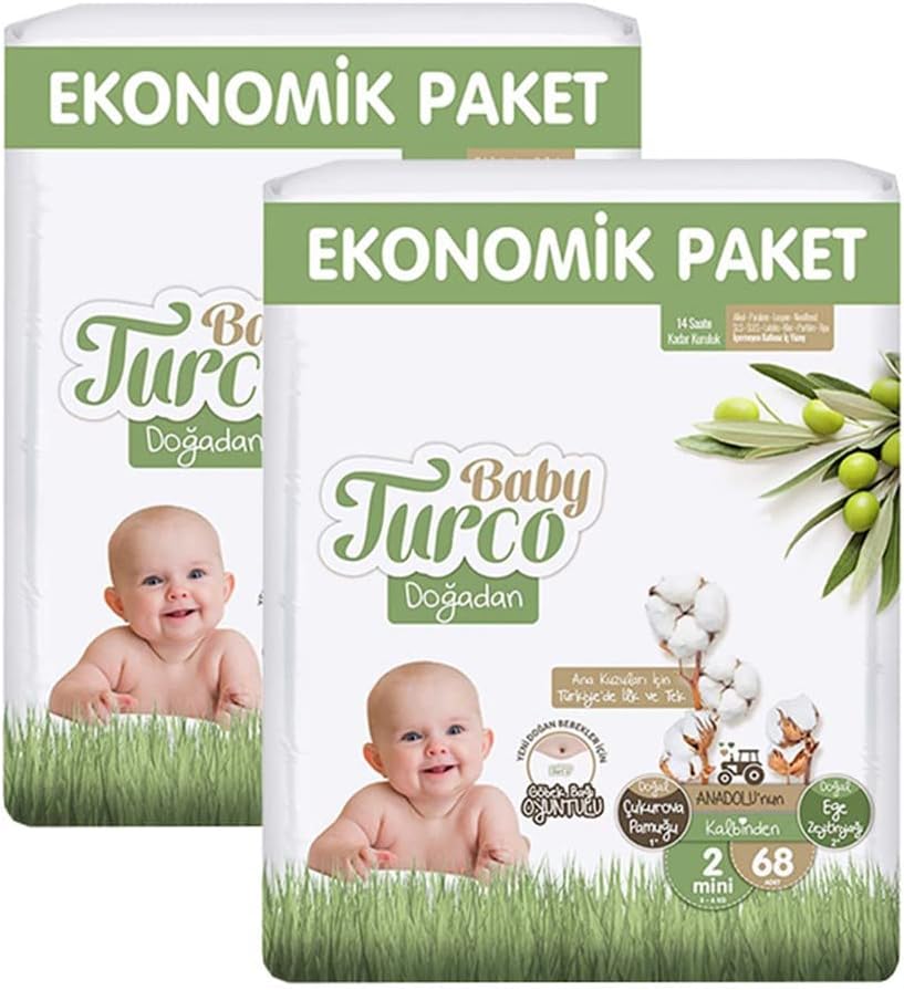 Alternative view of Baby Turco Doğadan 2 Beden Mini 68x2 136 Adet Bebek Bezi