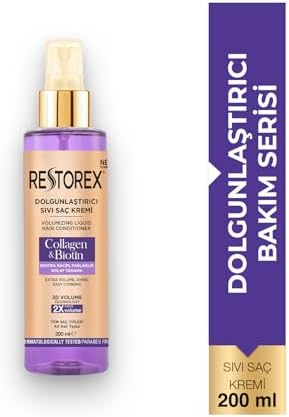 Restorex Collagen & Biotin Sıvı Saç Kremi – Durulanmayan, Dolgunlaştırıcı Etki, Kolajen & Biotin İçerikli, Anında Tarama & Parlaklık, 200 ml