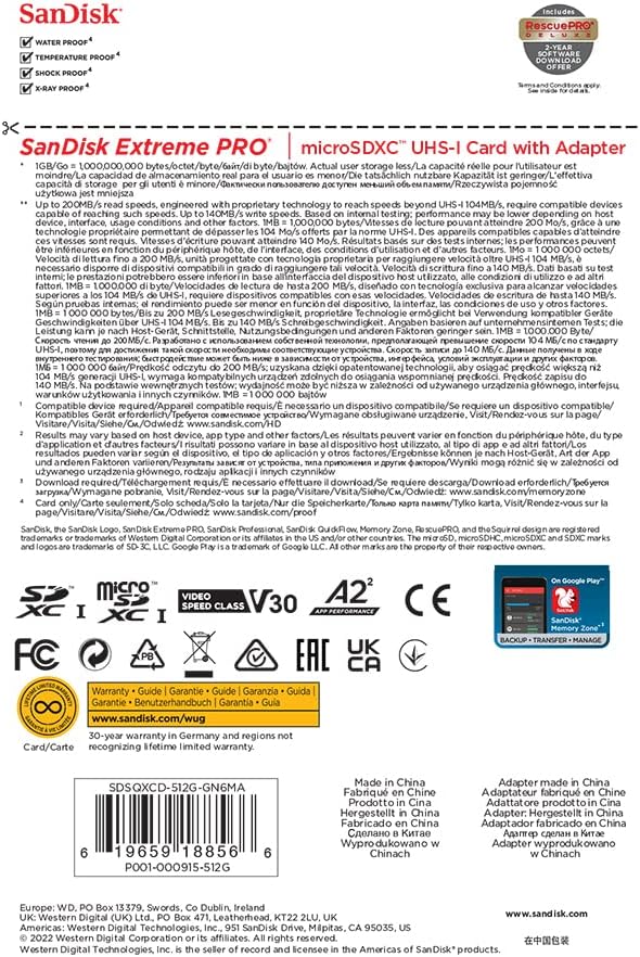 Alternative view of 512 GB Extreme PRO microSDXC Kart + SD Adaptörü + RescuePRO Deluxe, 200 MB/sn'ye kadar, A2 Uygulama Performansı, UHS-I, Sınıf 10, U3, V30 ile
