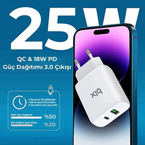 Alternative view of Bix ZH-2U41T 25W PD 3.0 Type-C & USB-A Çift Bağlantı Noktalı Hızlı Şarj Adaptörü,, 15/14/13/12/Pro Max, iPad Air/Pro ve Daha Fazlası ile Uyumlu