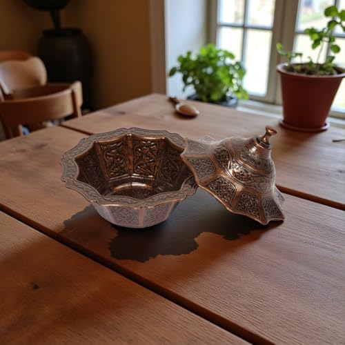 Kapaklı Şekerlik ve Lokumluk, Osmanlı Motifli Dekoratif Sunum Kabı, Kahve Yanı Şeker, Çikolata ve Şekerleme İçin (Kahverengi)