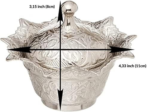 Kapaklı Metal Şekerlik – Osmanlı Motifli Gültaş Küçük Sunum Kasesi, Çikolata ve Lokum Kabı – Kahve Sunumları İçin Dekoratif Şekerlik (Gümüş Rengi)