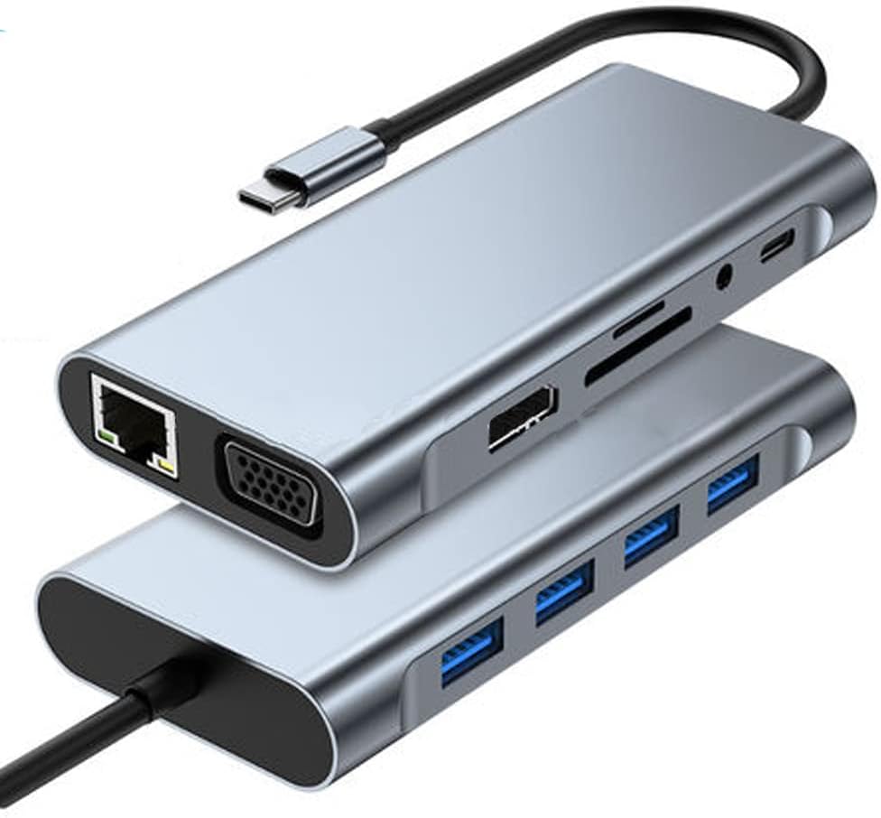 11 in 1 Type-C To USB Hub HDMI (4K),Audio/, Type-C/, 4X USB 3.0/, LAN/, VGA/, SD Card Reader Çevirici Hub 10 Port Adaptör Dönüştürücü Çoklayıcı