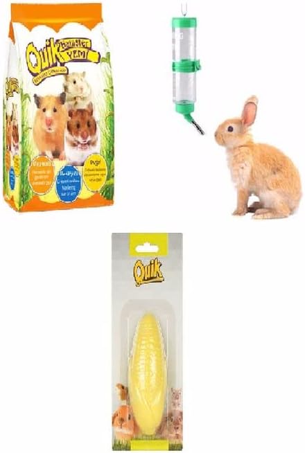 Hamster Temel İhtiyaçları (3 Parça) Quik Hamster Yemi, 90ML Suluk, Kemirme Taşı