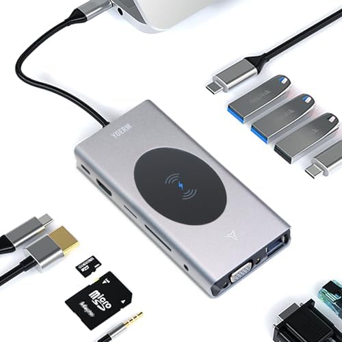 Yerleştirme İstasyonu USB C Hub 13'ü 1 arada Kablosuz Şarj İstasyonu, USB C - HDMI, Ethernet, VGA, 5 USB ve SD/TF, 100W PD, 3,5 mm Ses