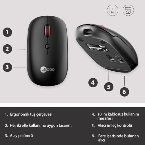 WS211 Kablosuz 1600DPI 6 Tuşlu Dual Mod RGB 2.4GHz WiFi+ Bluetooth, Şarj Edilebilir, Windows, Linux ve Mac ile Uyumlu, Sessiz Kompakt Optik Mouse Siyah