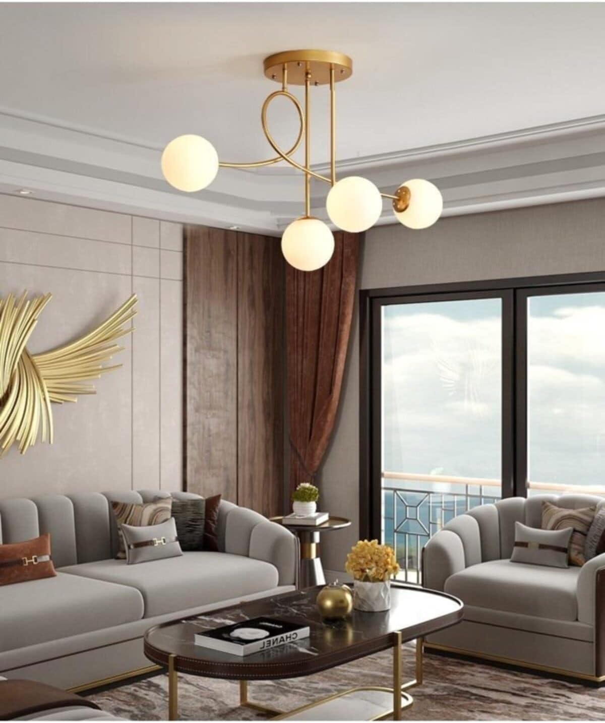 Fer Avize Jade özel tasarım modern spor gold renk glop beyaz camlı Salon - Mutfak - Yatak Odası 4 lü avize