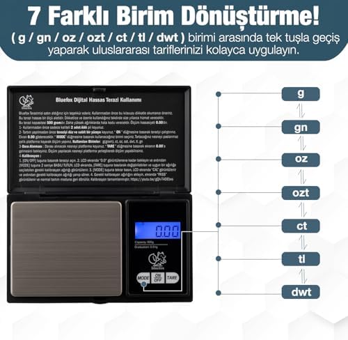 Dijital Cep Tartısı - 500g Kapasite, 0.01g Hassasiyet, 7 Ölçü Birimi, Dara Fonksiyonu, Büyük Ekran, Otomatik Kapanma