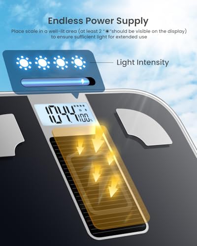 Sonsuz Güç ile Akıllı Terazi, Vücut Ağırlığı için Güneş Enerjili Ölçeği, Pil Gerekmez, Dijital Bluetooth Vücut Yağ Ölçeği, Akıllı Uygulamalı Vücut Kompozisyon Monitörü, 400 lbs-Elis Solar 1