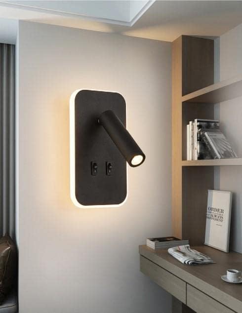 Alternative view of Tuvalu Siyah LED Duvar Apliği | 13W | 3200K Gün Işığı | Çift Anahtarlı – Çift Kademe Yanma | 930 Lümen | 220V | Yatak Başı Okuma Apliği | IP20 | 10x18x3 cm Modern Minimal İç Mekân Aydınlatma