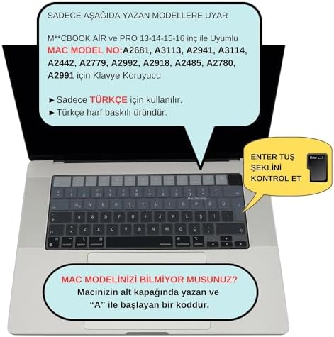MacBook Klavye Koruyucu Silikon Kılıf TÜRKÇE Q BASKILI UK-TERS L- Enter Tipi Air 13,6-15,3inç- Pro 14,2-16,2inç M1-M2-M3-M4 Pro MAX Uyumlu, Yıkanabilir Silikon Klavye Filmi Siyah Gri