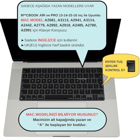 Alternative view of MacBook Klavye Koruyucu Silikon Kılıf İNGİLİZCE BASKILI UK-Ters L Enter Tipi Air 13,6-15,3inç- Pro 14,2-16,2inç M1-M2-M3-M4 Pro MAX Uyumlu, Ultra İnce Hafif Siyah