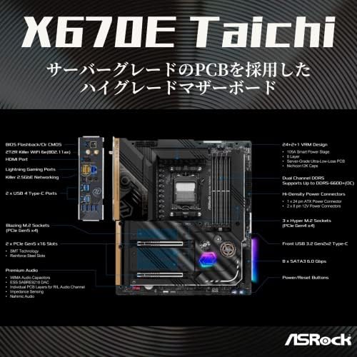 Alternative view of ASRock X670E Taichi RGB EATX Anakart AMD AM5 Ryzen 8000 ve 7000, DDR5, 4x M.2 SSD, AMD EXPO, WiFi 6E