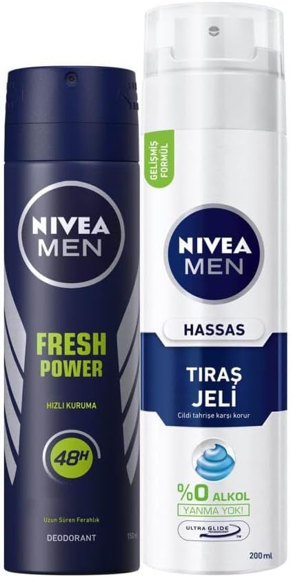 Men Erkek Sprey Deodorant Fresh Power 150ml ve Men Hassas Tıraş Jeli 200ml, Hassas Ciltlere Özel Hızlı Koruma, Yanma Karşıtı, Alkolsüz Formül