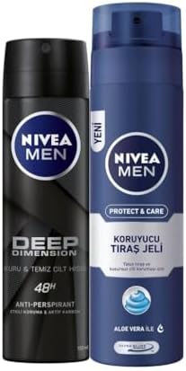 Men Erkek Sprey Deodorant Deep Dimension 48 Saat Anti-perspirant Koruma 150ml ve Men Protect&Care Tıraş Jeli 200ml, Kuru Ciltler İçin, Pürüzsüz Tıraş