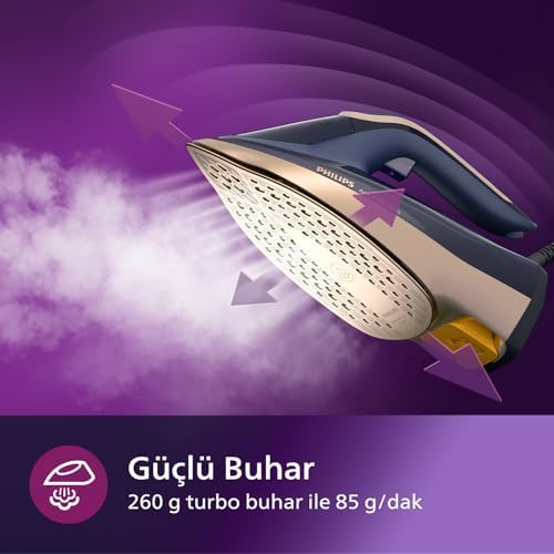 8000 Serisi Azur Buharlı Ütü, 3000W, 260g Turbo Şok Buhar, 85g/dk Sürekli Buhar, Sıfır Yanık Riski, 50ml'lik Su Haznesi, OptimalTEMP Teknolojisi, SteamGlide Taban, DST8050/20