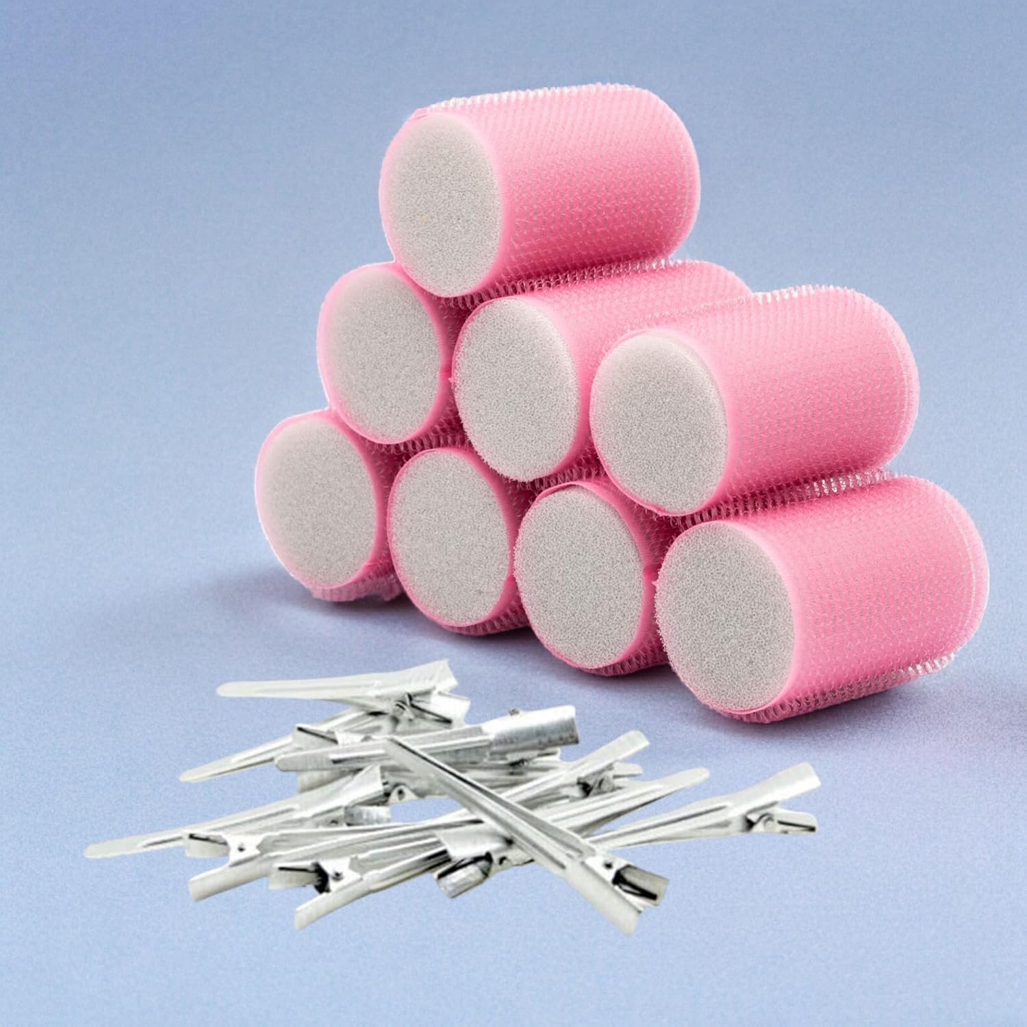 Croc 1207 Pembe Cırtlı Sünger Bigudi 8Li Çap 4Cm + 12Li Alüminyum Saç Pensi
