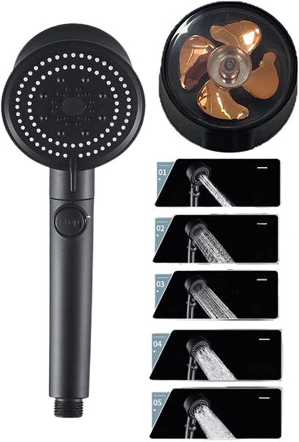 Yüksek Basınçlı Su Tasarruflu Turbo Fan Siyah 4 Modlu Filtreli Duş Başlığı