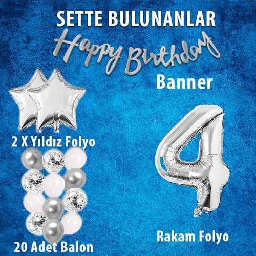 Alternative view of Gumus Konsept Dogum Gunu Kutlama Seti Beyaz Gumus Konfetili Balon Rakam Yıldız Folyo ve Banner (4 Yaş)