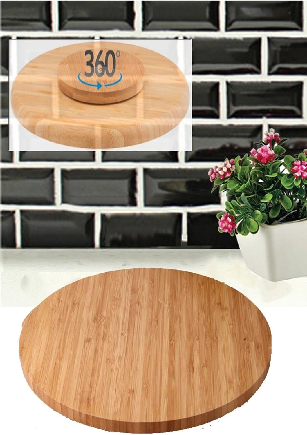 30 cm Bambu Ahşap Döner Tabanlı Servis Tabağı Dönerli Stantlı Sunum Tahtası
