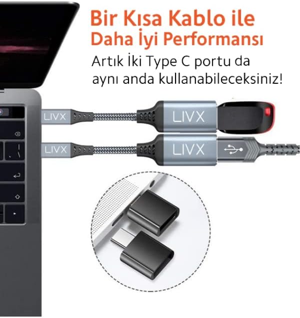Alternative view of Livx USB 3.0 To Type-C Çevirici Dönüştürücü 60W Hızlı Şarj Desteği 15 cm Kablolu OTG Adaptör ile Uyumlu GRİ OTTCA-01