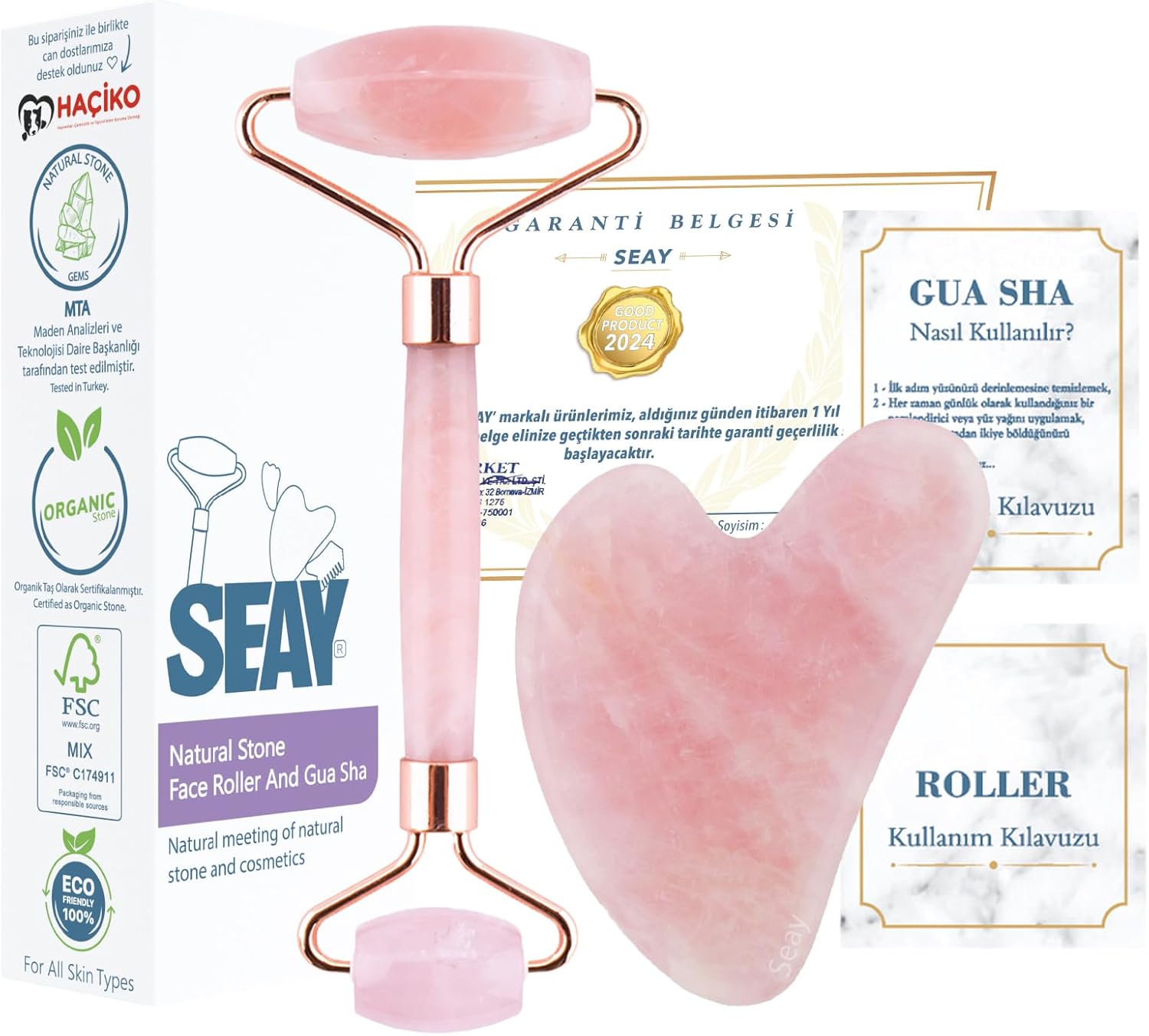 Alternative view of Seay Pembe Kuvars Quartz Face Roller & Guasha Yüz Masaj Aleti Takımı Masaj Taşı Doğaltaş Premium