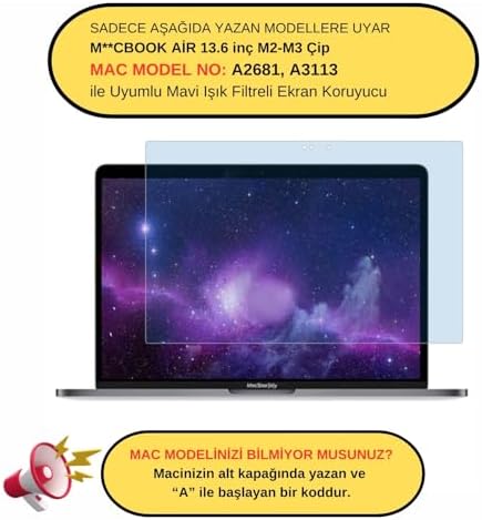 Alternative view of MacBook Air 13.6 inç M2 M3 M4 Uyumlu Anti BlueRay Ekran Koruyucu Mavi Mor Işık Filtresi Göz Yormayan ID Retina Net Görüntü A2681 A3113 A3240 Şeffaf